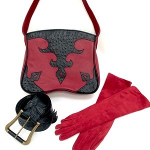Red & Black Ostrich Leather Shoulder Bag